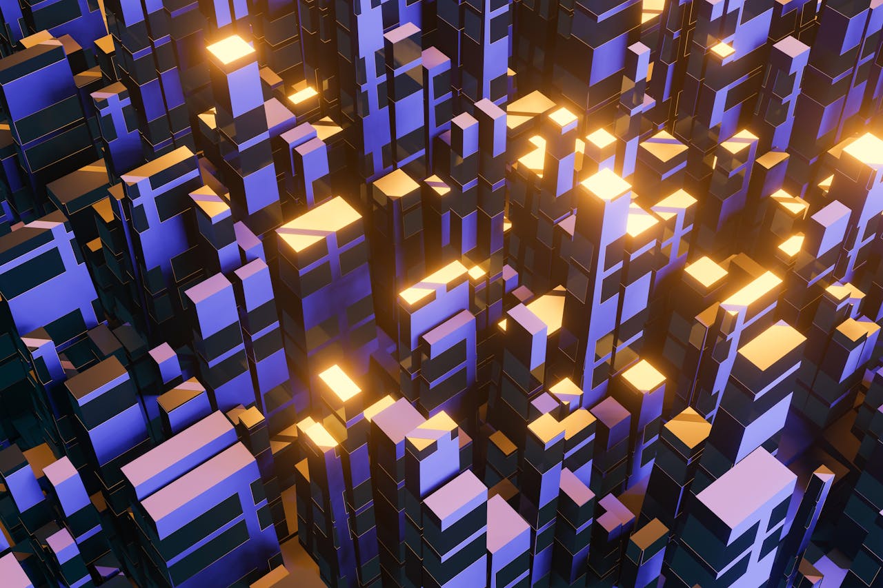 Modern abstract cityscape with glowing lights creating an urban skyline illusion at night.